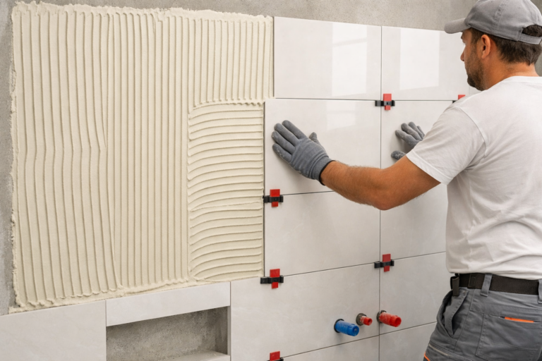 Aplicación de cemento cola en alicatado de baño moderno en vivienda en construcción con profesional instalando azulejos